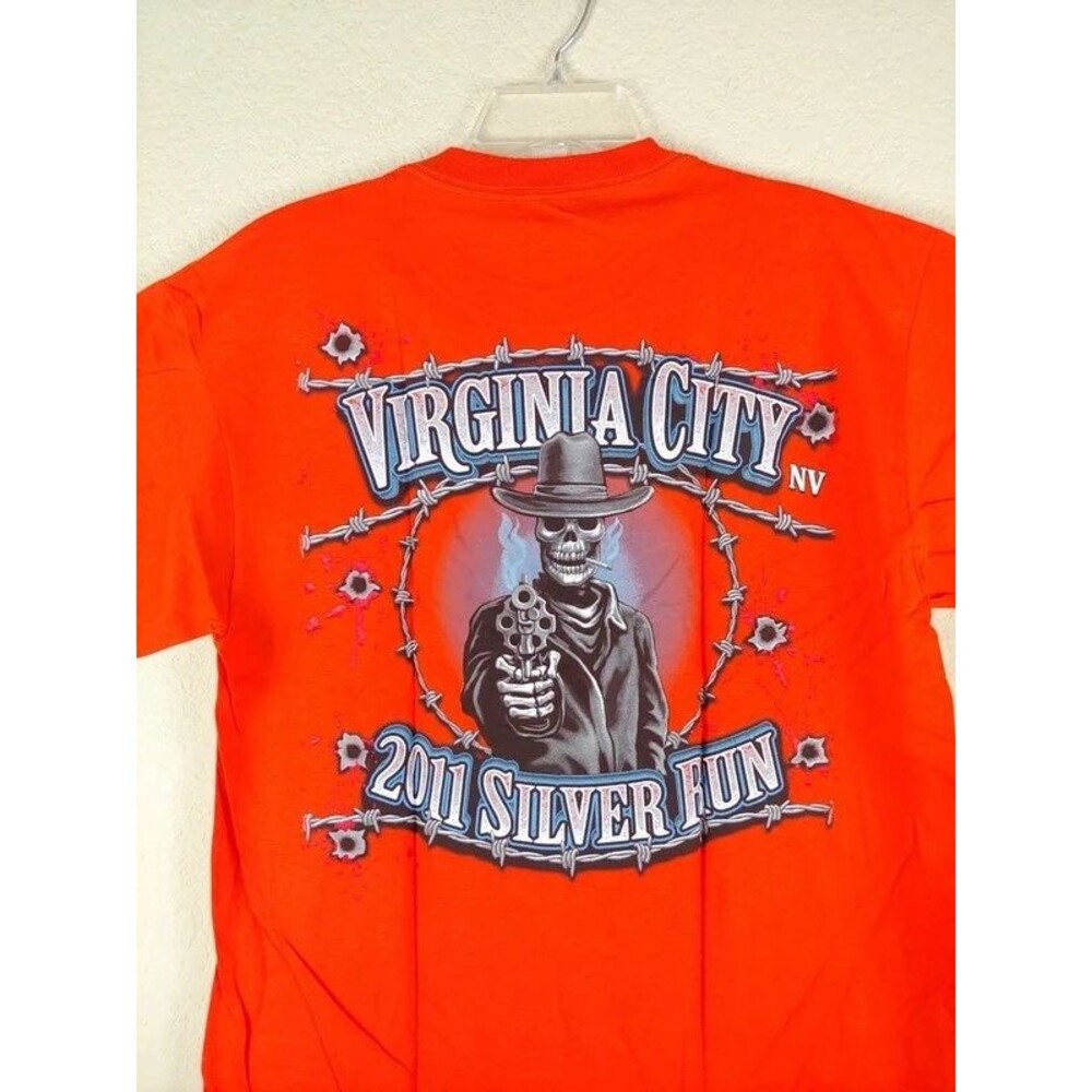 Virginia City 2011 Silver Run motorcycle graphic tee shirt orange Skeleton skull